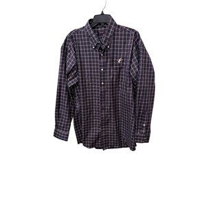 Overton Mens XL Navy Plaid Button-Down Shirt With Embroidered Duck Logo